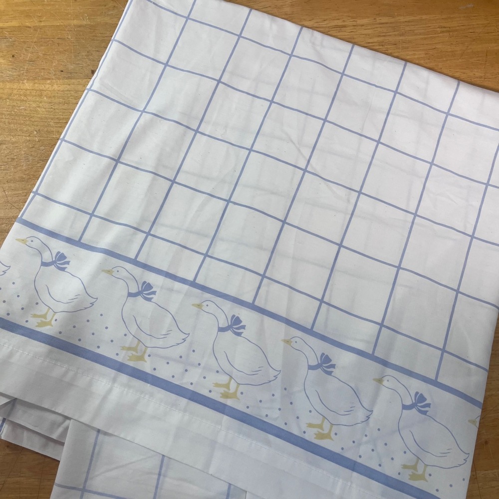 Vtg Flat Sheet Full 86x80 Blue White Grid Country Goose Bows Farmhouse